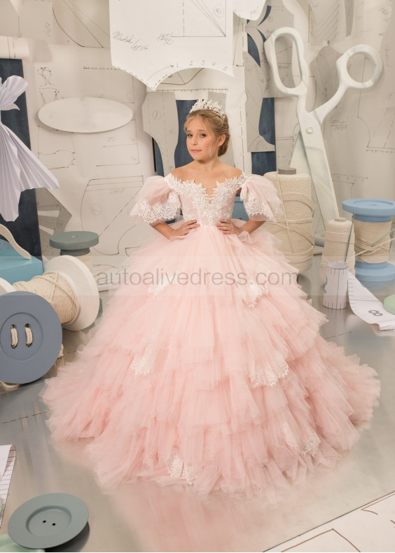 Off Shoulder Beaded Ivory Lace Pink Tulle Ruffled Flower Girl Dress Off Shoulder Beaded Ivory Lace Pink Tulle Ruffled Flower Girl Dress